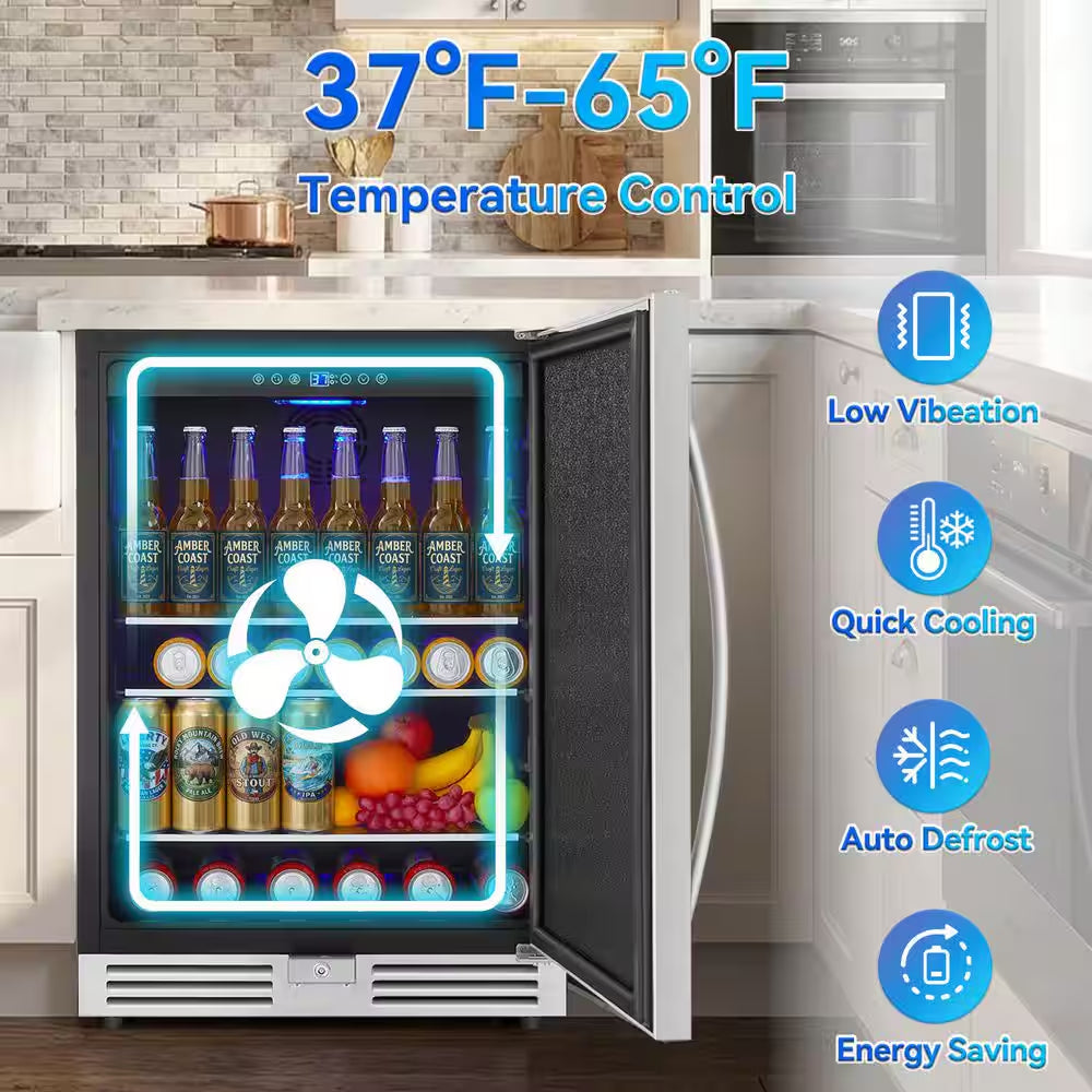 23.4 In. 230-Cans 4.9 Cu. Ft. Built-In Beverage Refrigerator Reversible Hinge Removable Tempered Glass Shelves in Silver