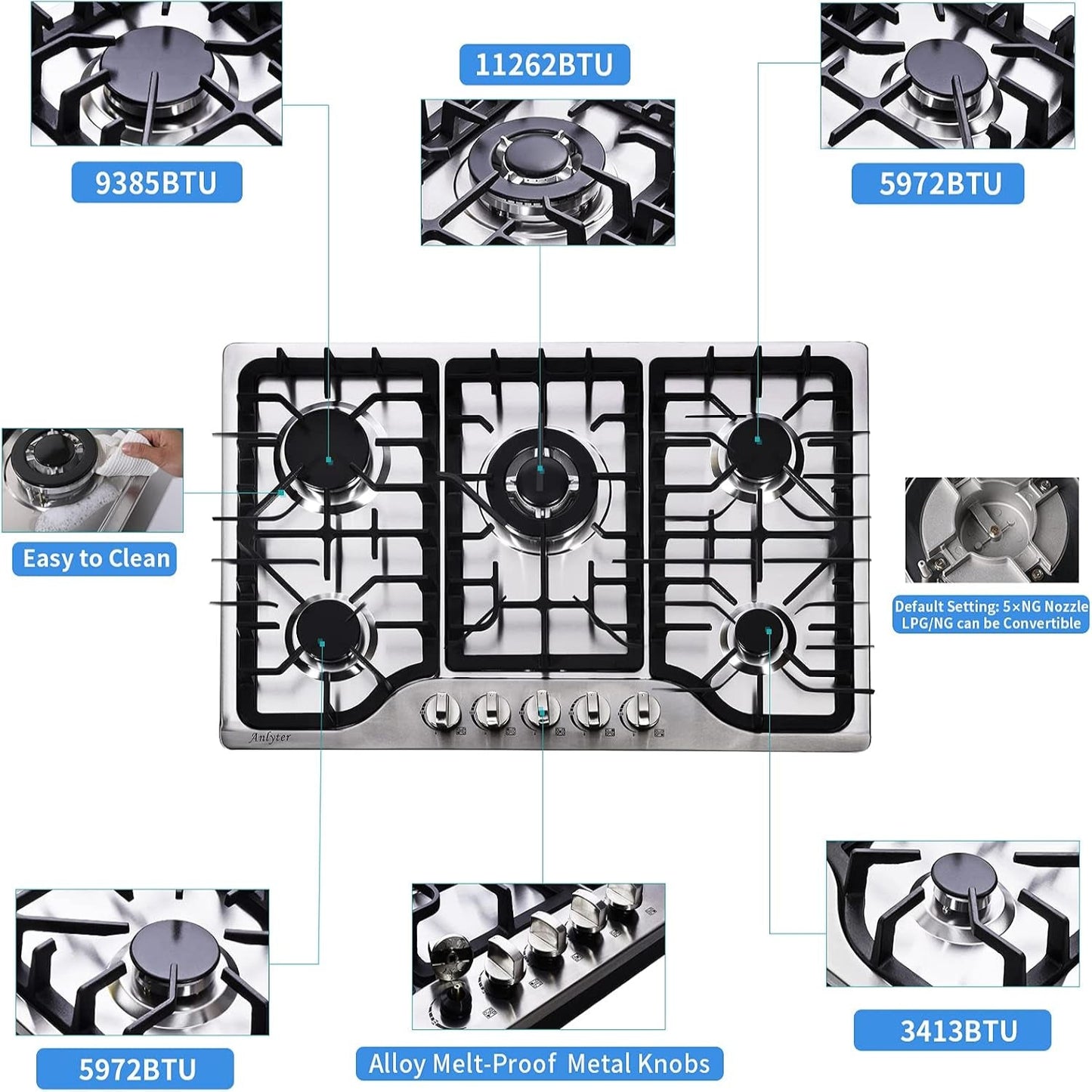 30 Inch Gas Cooktop, 5 Burners Built-In Gas Stovetop Stainless Steel LPG/NG Gas Stove Dual Fuel Sealed Gas Hob with Wok Stand and Pressure Regulator