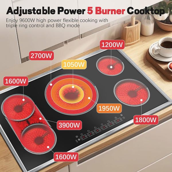 Electric Cooktop Built for Modern Kitchens, 5 Burner Touch Control, Glass Ceramic Surface, 9600W Power