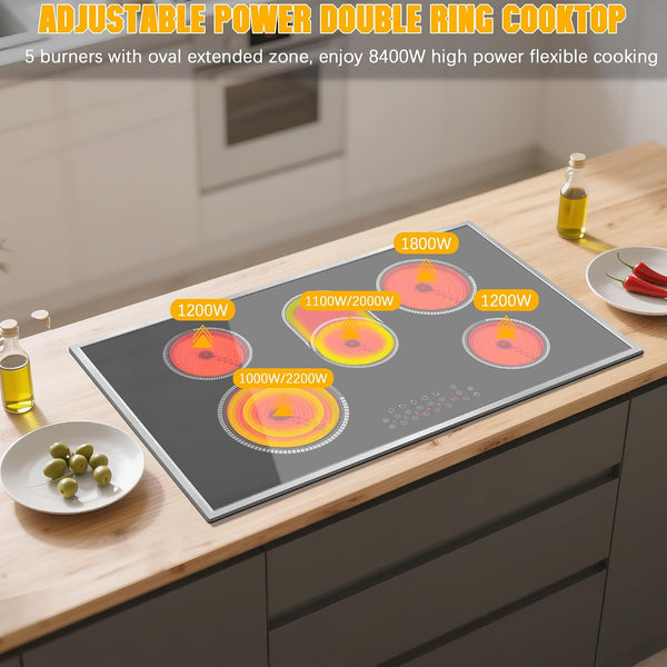 Electric Cooktop Built for Professional Performance, 5 Burners, 8400W Power, Touch Control, Glass Ceramic