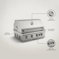 Built-In Outdoor Gas Grill Designed for Kitchen Islands, 4 Burner System, 304 Stainless Steel, Dual-Fuel — Feature Infographic